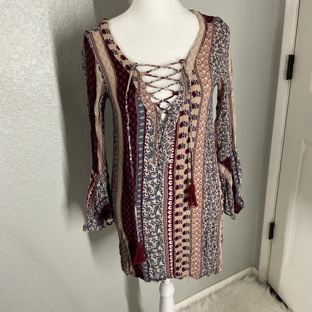 Bohemian Lace-Up Tunic Dress